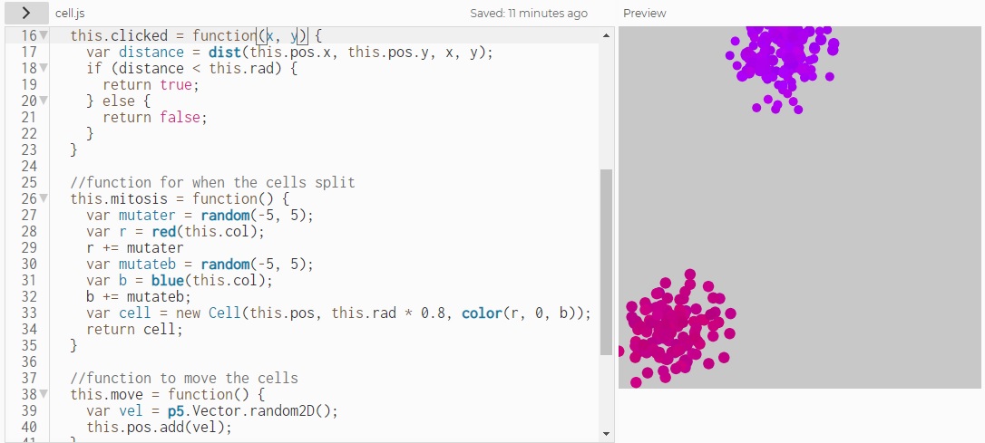 A snapshot of a refactoring of a the mitosis code with colour mutations.